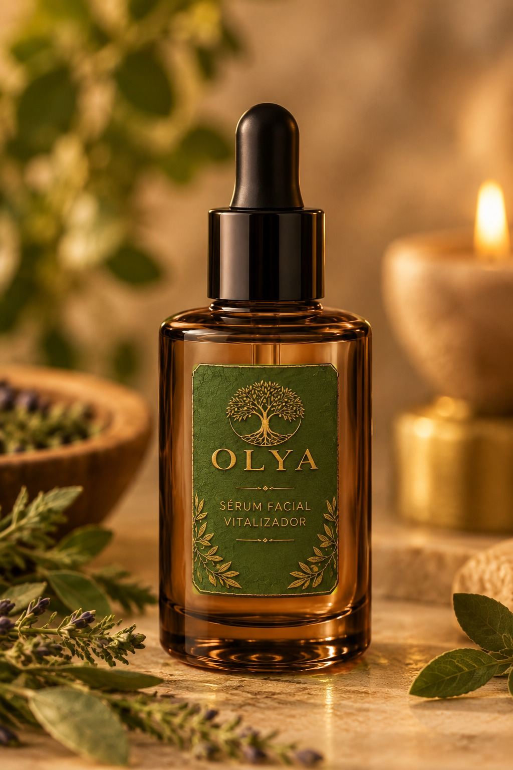 Sérum facial OLYA em frasco âmbar com luz de vela
